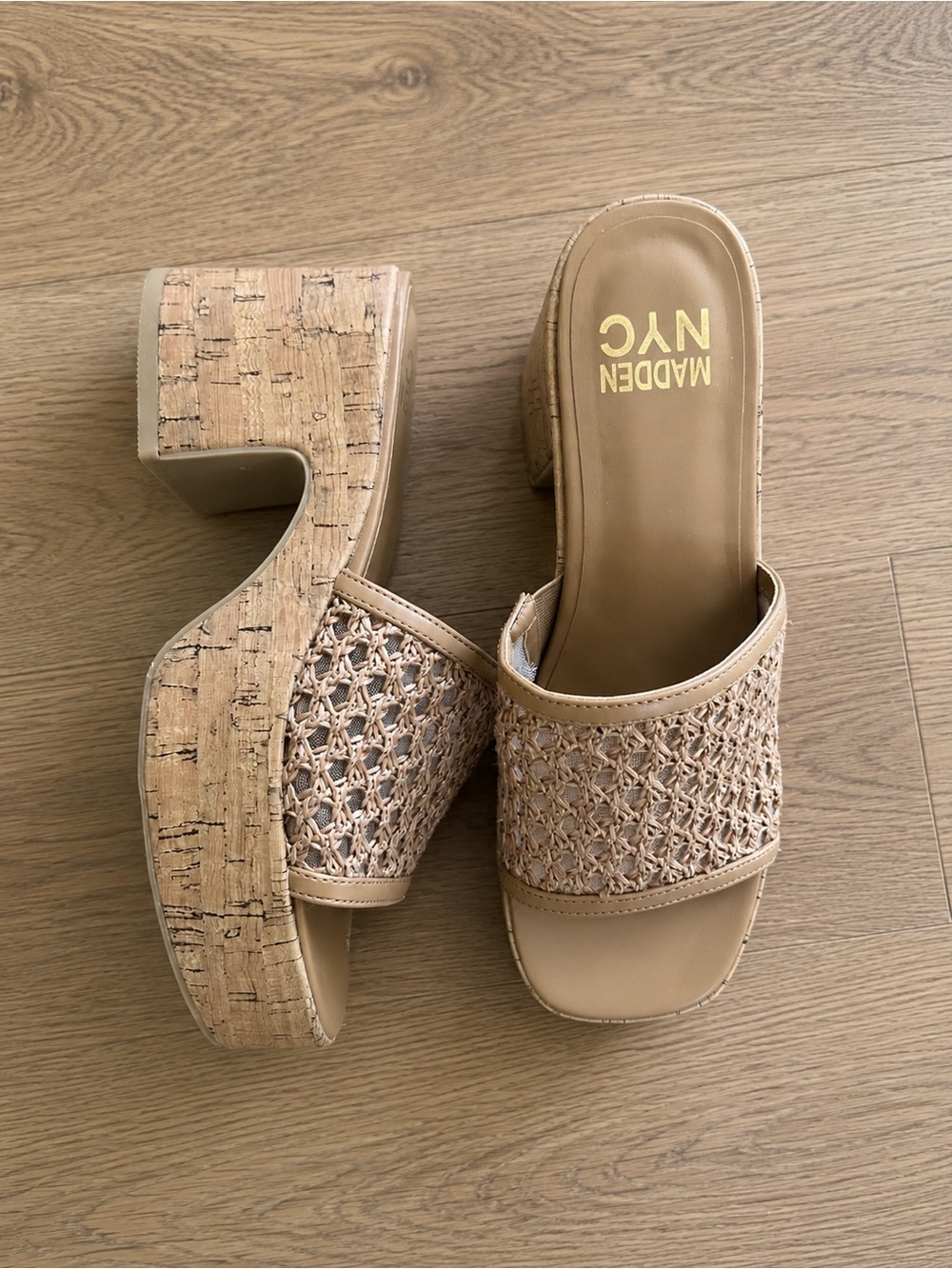 Madden NYC Beige Woven Cork Platform Slide